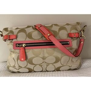 Coach Bonnie Signature Canvas W/Coral Leather Trim Fold Over Bag Purse 13386 GUC